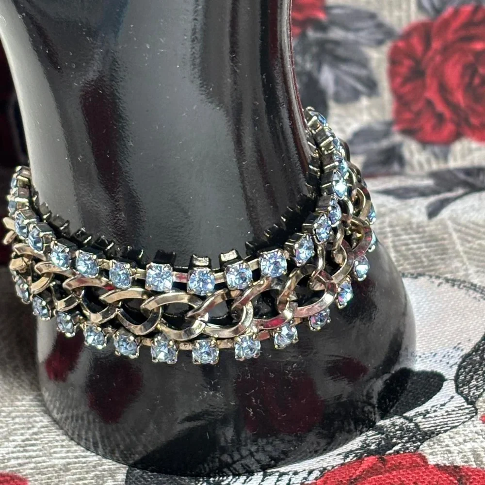 Vintage 1950's silver-toned bracelet and choker set with light blue rhinestones